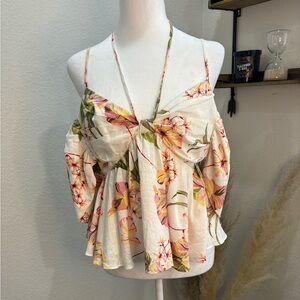 NWT- Wayf WAYF Coco Floral Print Cold Shoulder Top in Ivory Tropical